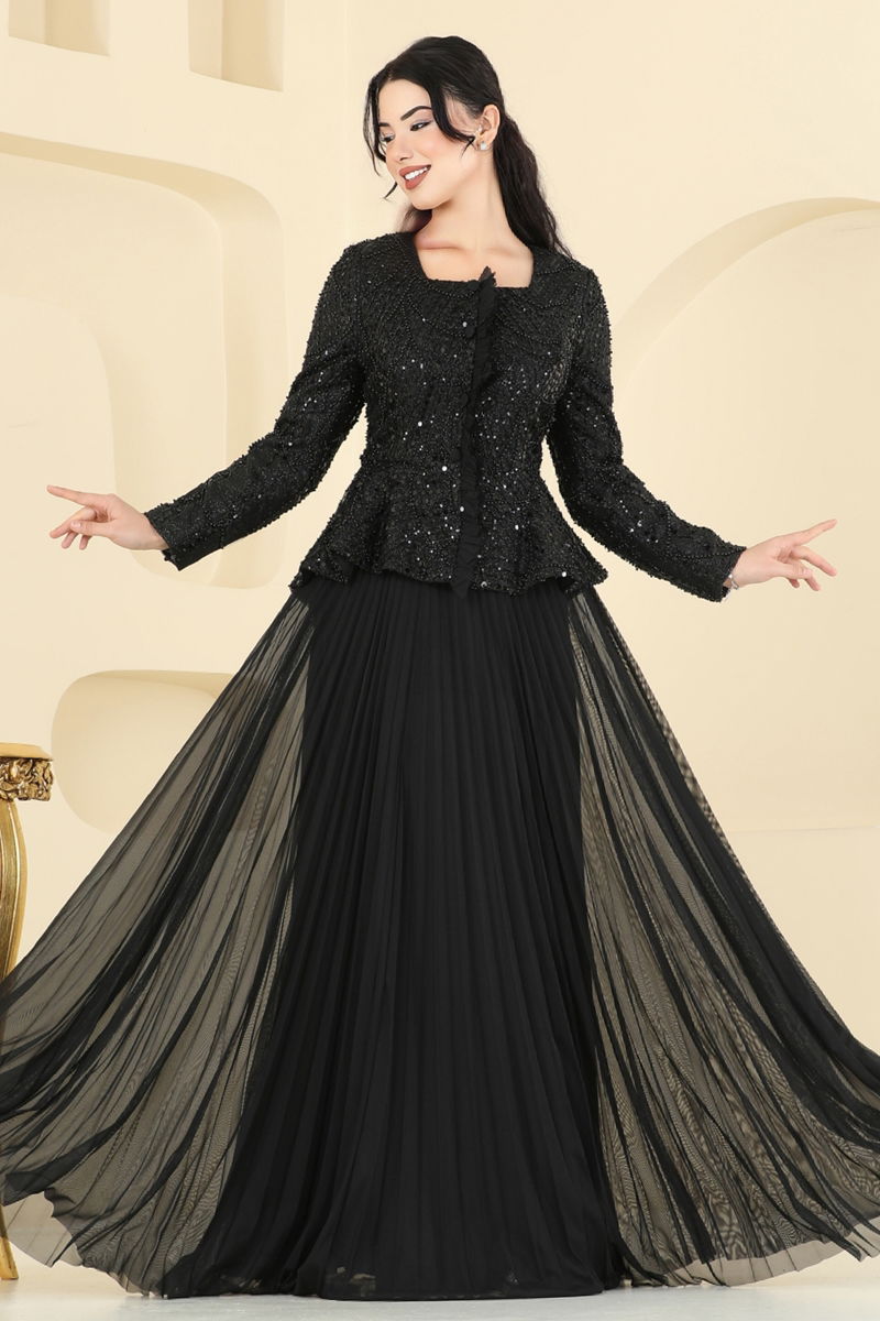 Abaya Black Modest Pleated Long Sleeve Islamic Dress