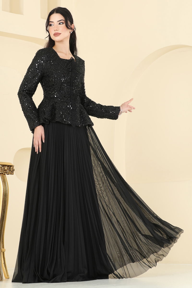 Abaya Black Modest Pleated Long Sleeve Islamic Dress