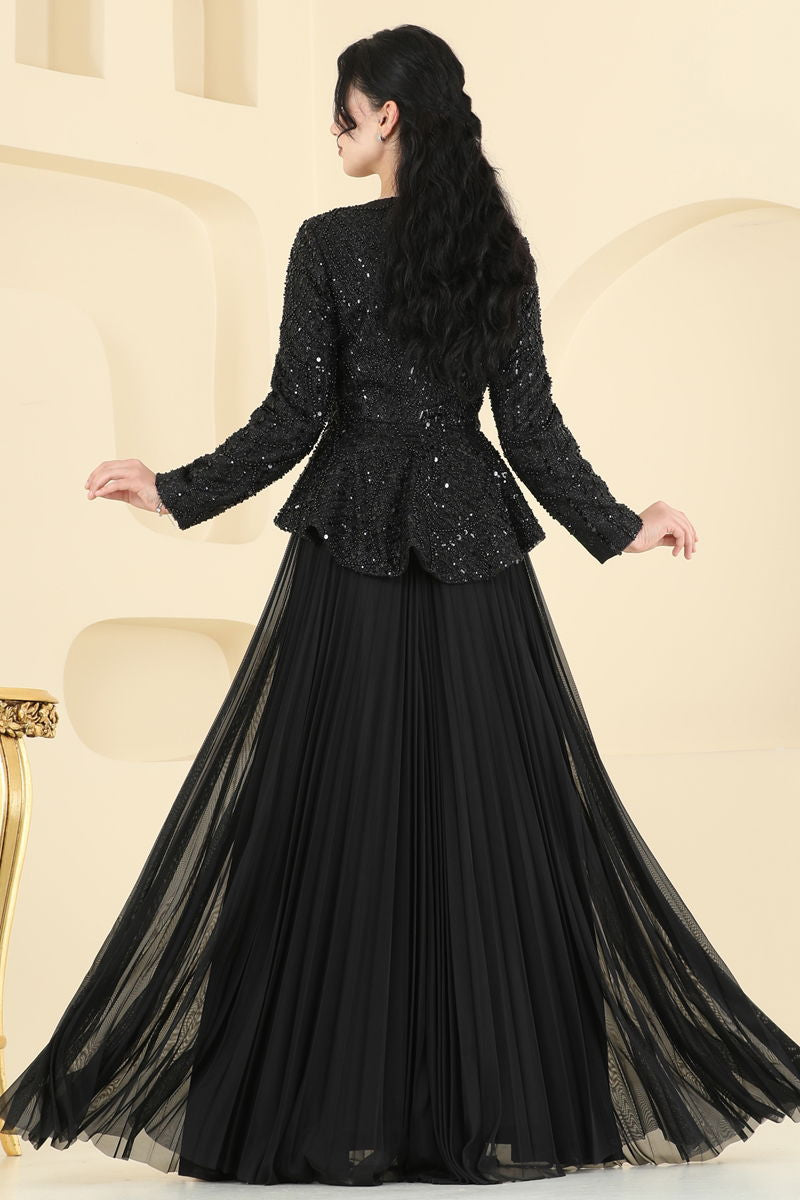 Abaya Black Modest Pleated Long Sleeve Islamic Dress