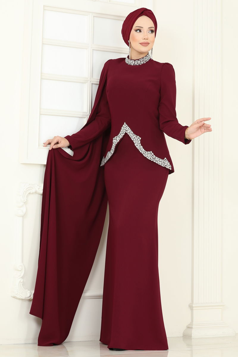 Abaya Burgundy Pleated Long Sleeve Modest Dress