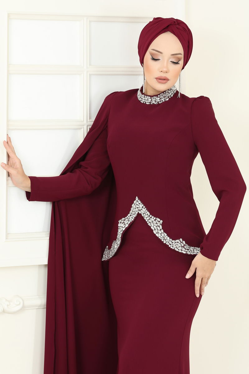 Abaya Burgundy Pleated Long Sleeve Modest Dress