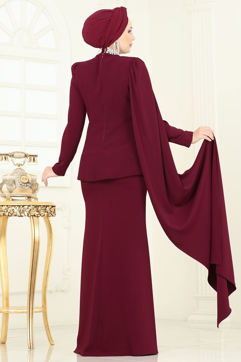 Abaya Burgundy Pleated Long Sleeve Modest Dress