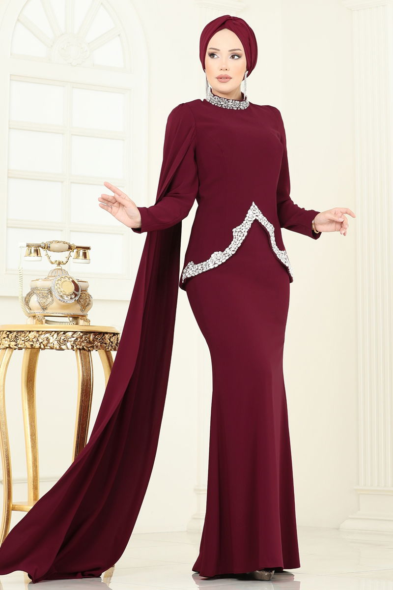 Abaya Burgundy Pleated Long Sleeve Modest Dress