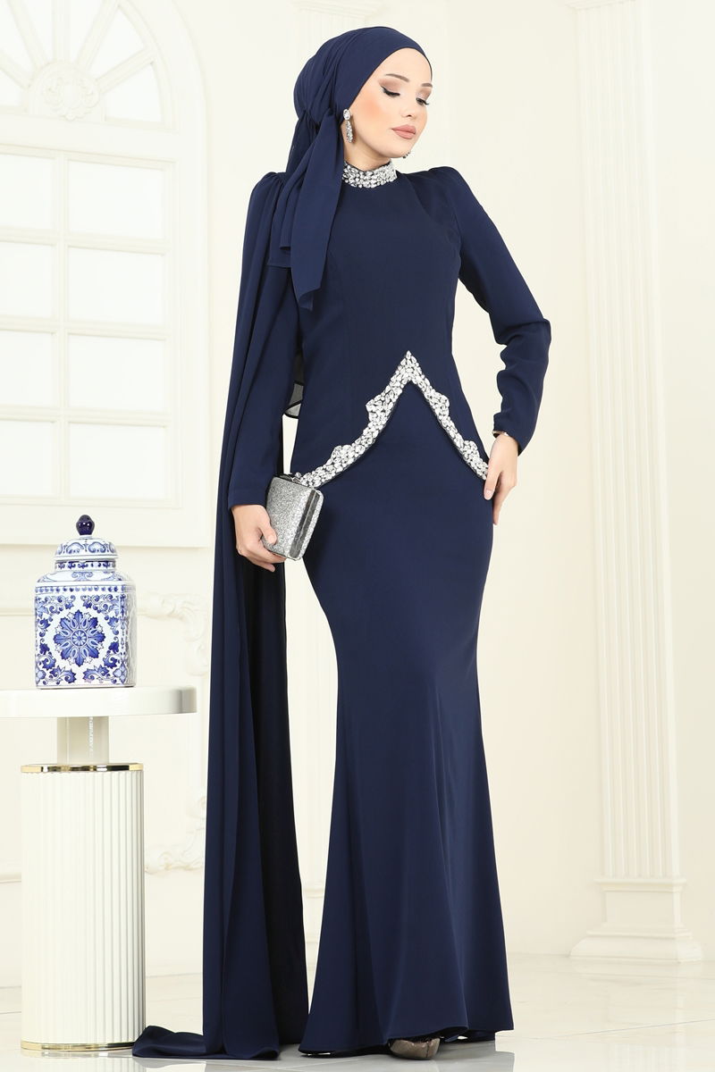 Abaya Navy Blue Belted Pleated Modest Dress