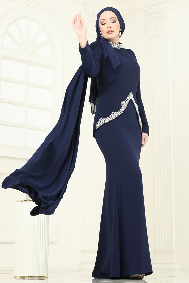 Abaya Navy Blue Belted Pleated Modest Dress