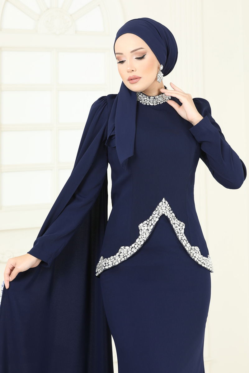 Abaya Navy Blue Belted Pleated Modest Dress