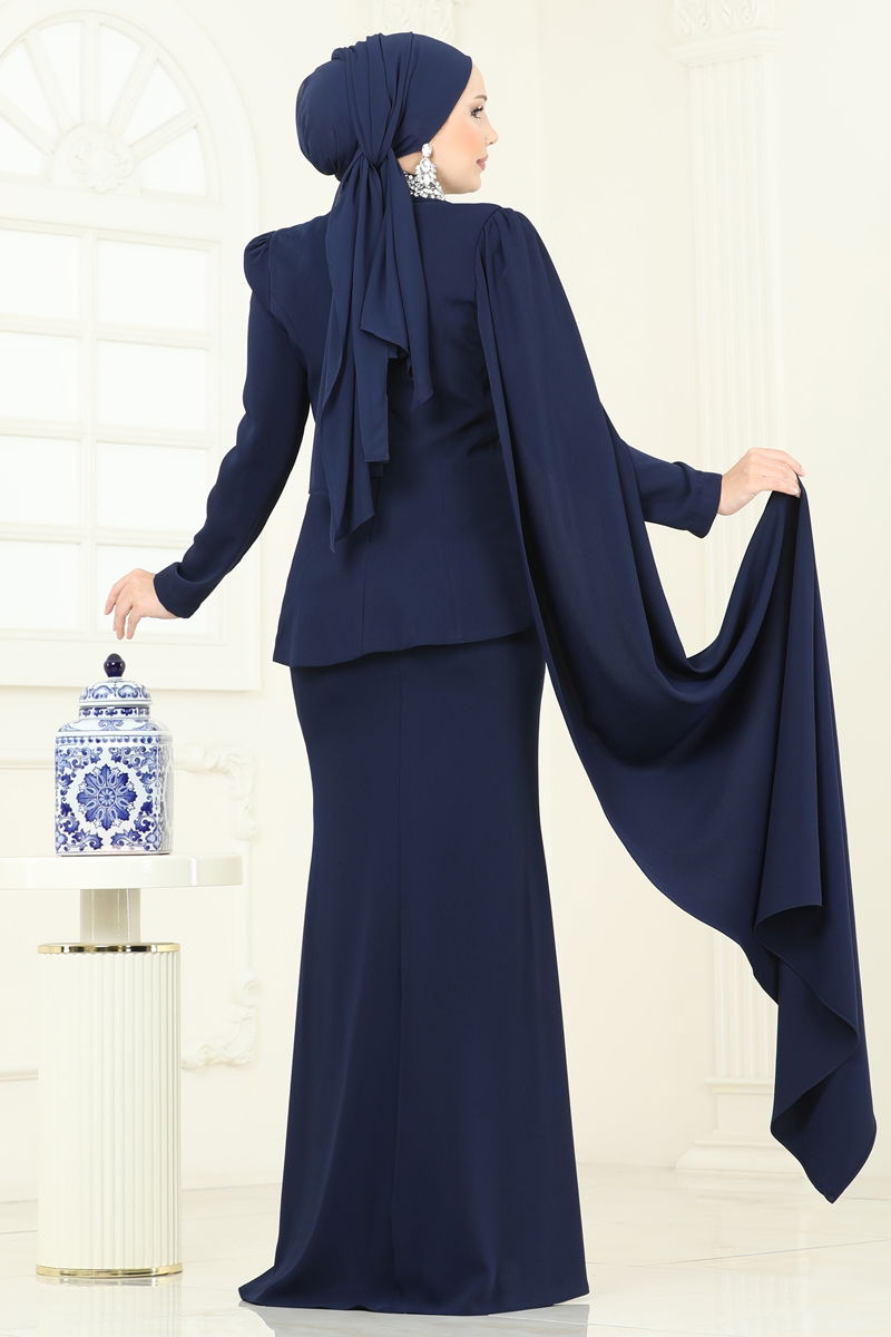 Abaya Navy Blue Belted Pleated Modest Dress