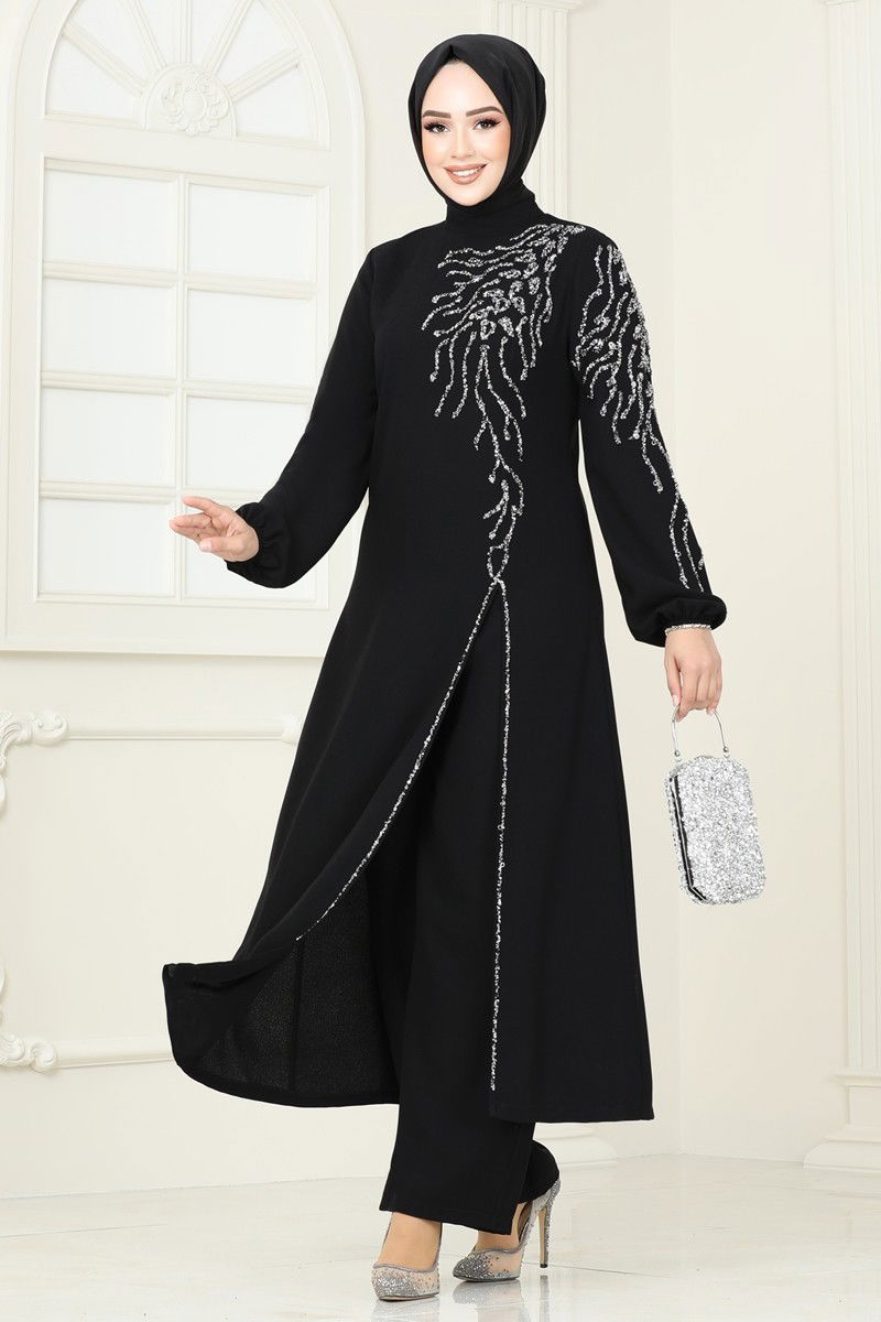 Abaya Black Crinkled Modest Dress with Belt