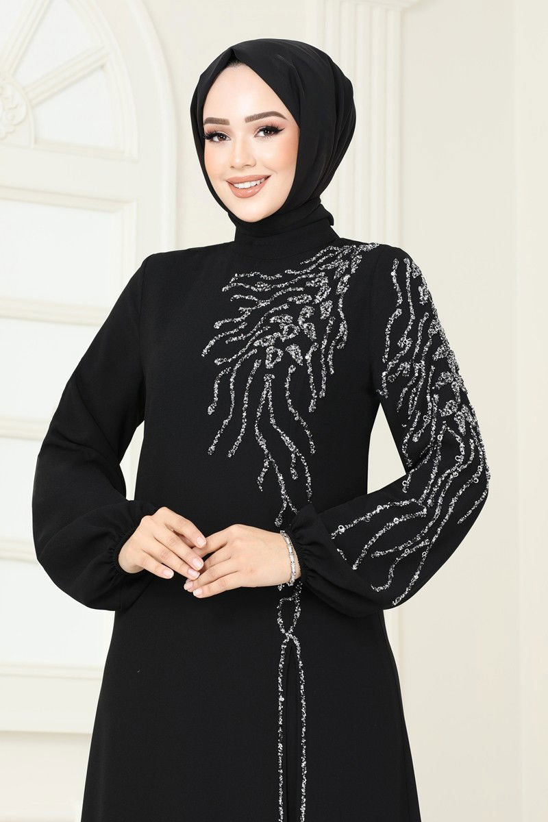 Abaya Black Crinkled Modest Dress with Belt