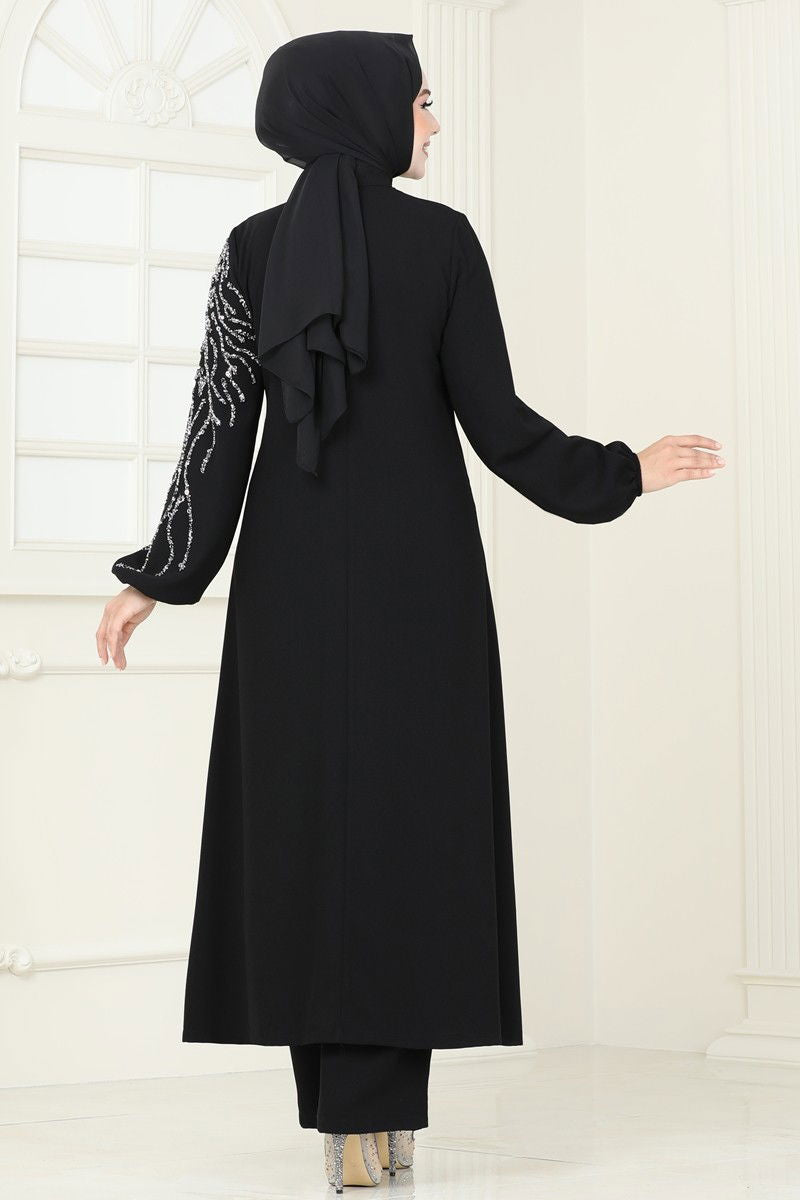Abaya Black Crinkled Modest Dress with Belt