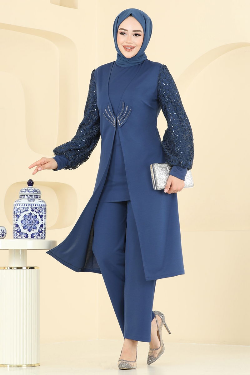Abaya Indigo Pleated Modest Dress with Belt