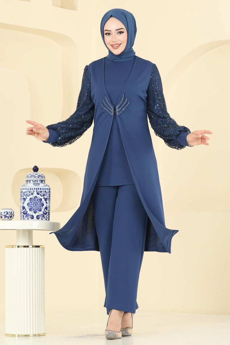 Abaya Indigo Pleated Modest Dress with Belt