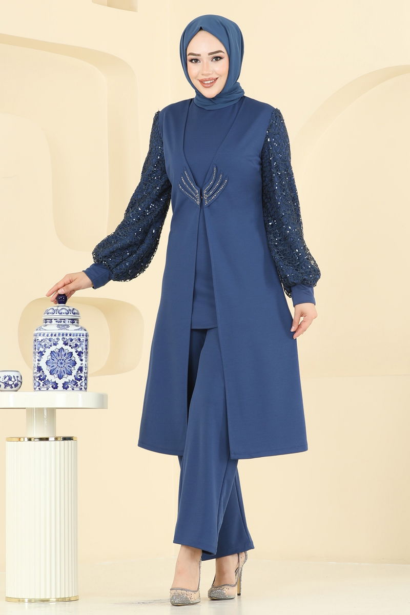 Abaya Indigo Pleated Modest Dress with Belt