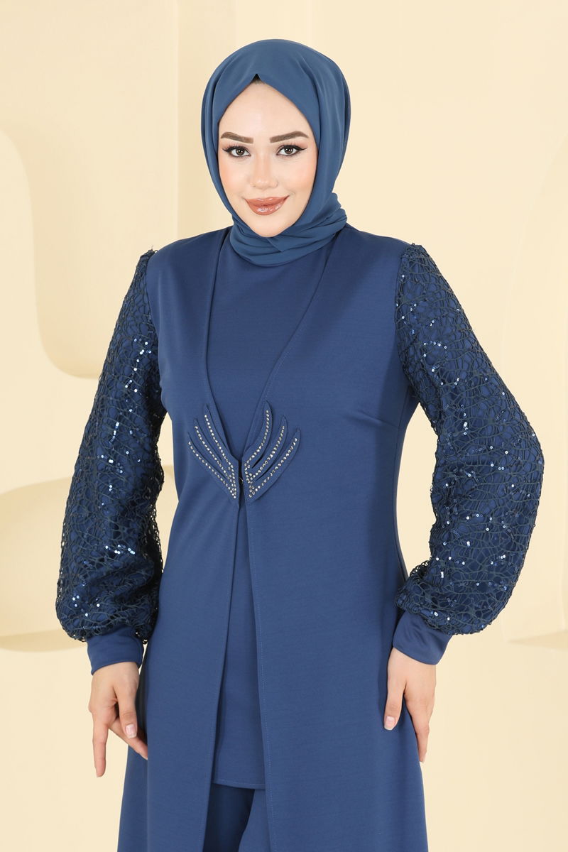 Abaya Indigo Pleated Modest Dress with Belt