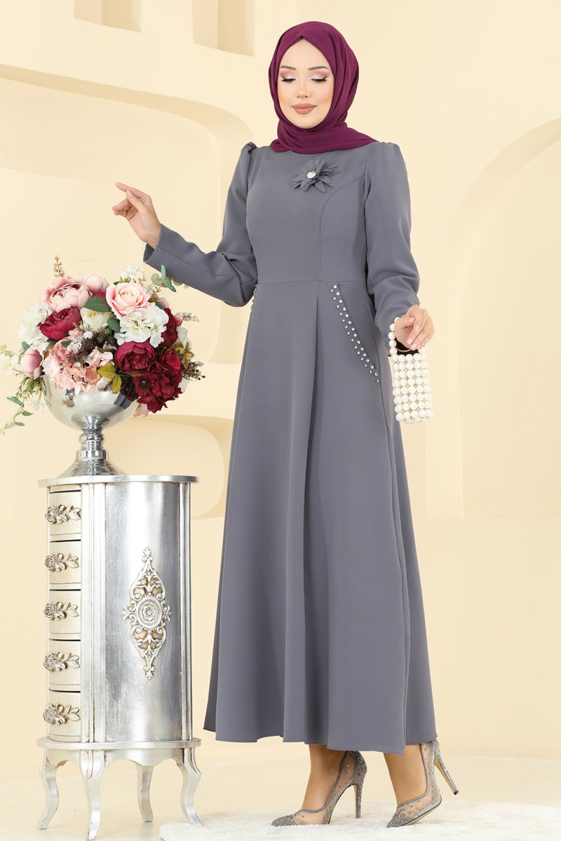 Abaya Anthracite Gathered Maxi Dress - Modest Fashion