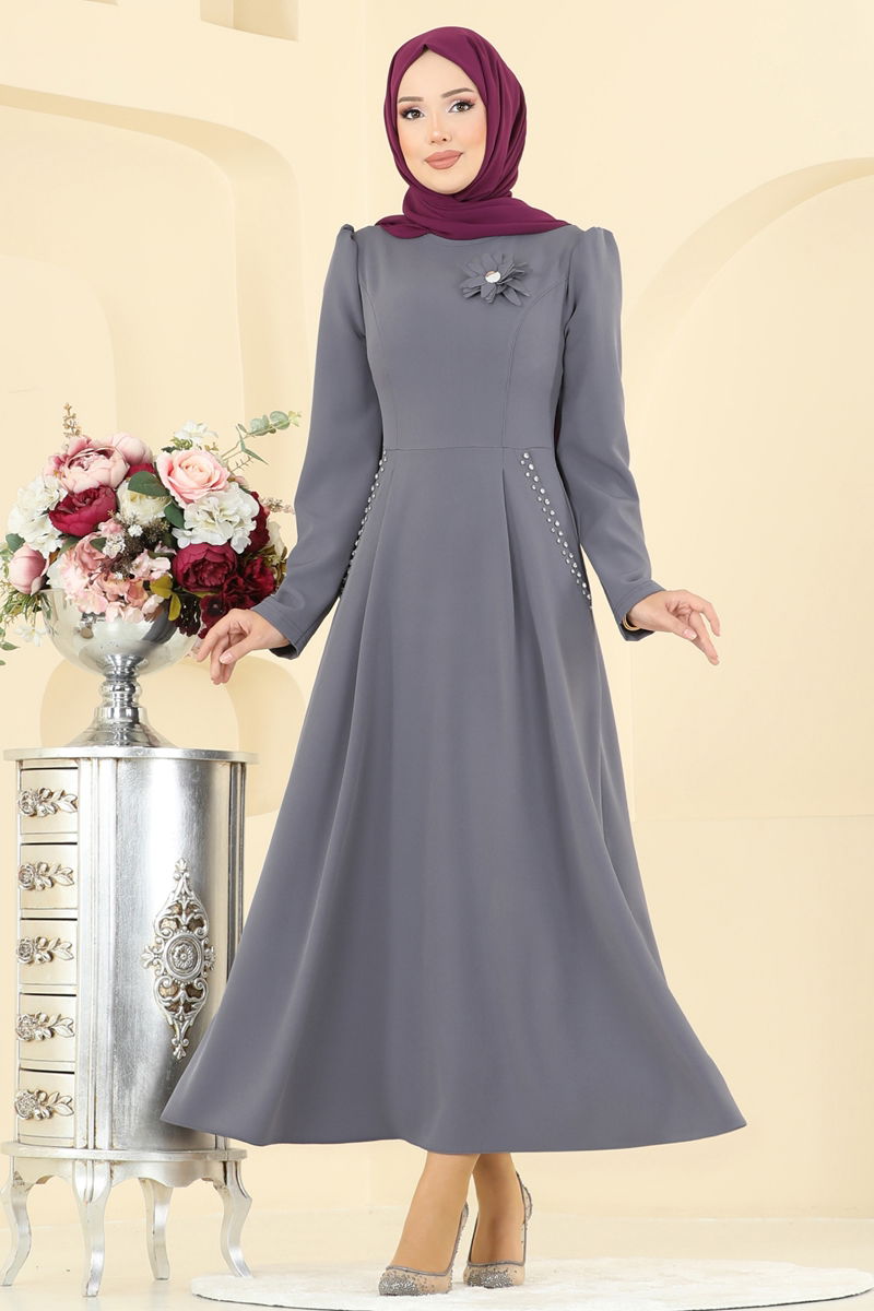 Abaya Anthracite Gathered Maxi Dress - Modest Fashion