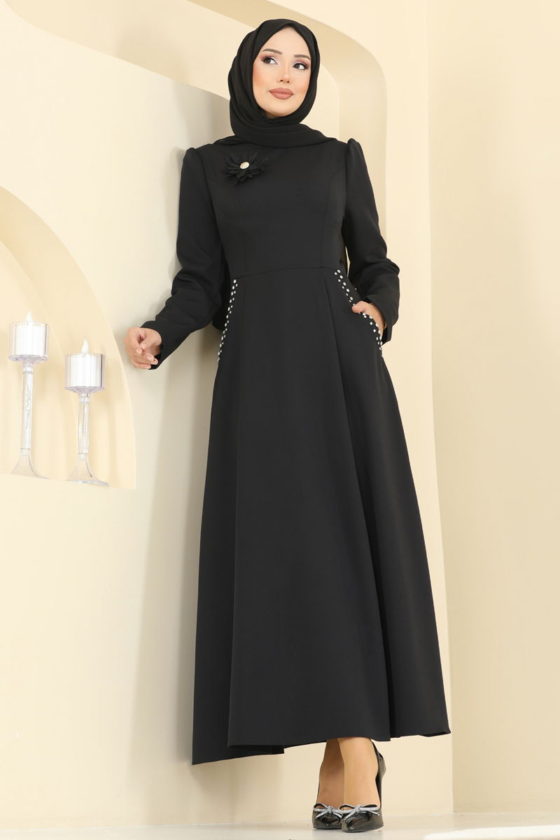 Black Modest Dress - Belted Crepe Stylish Abaya