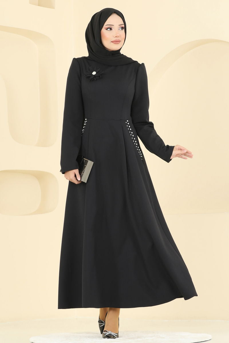 Black Modest Dress - Belted Crepe Stylish Abaya