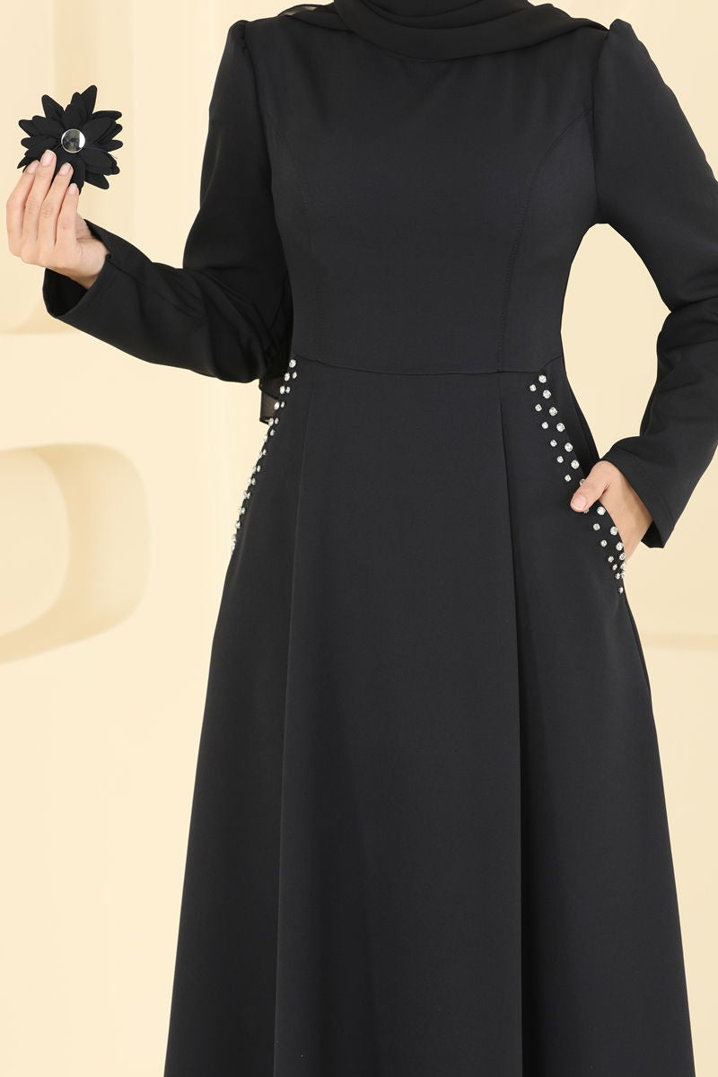 Black Modest Dress - Belted Crepe Stylish Abaya