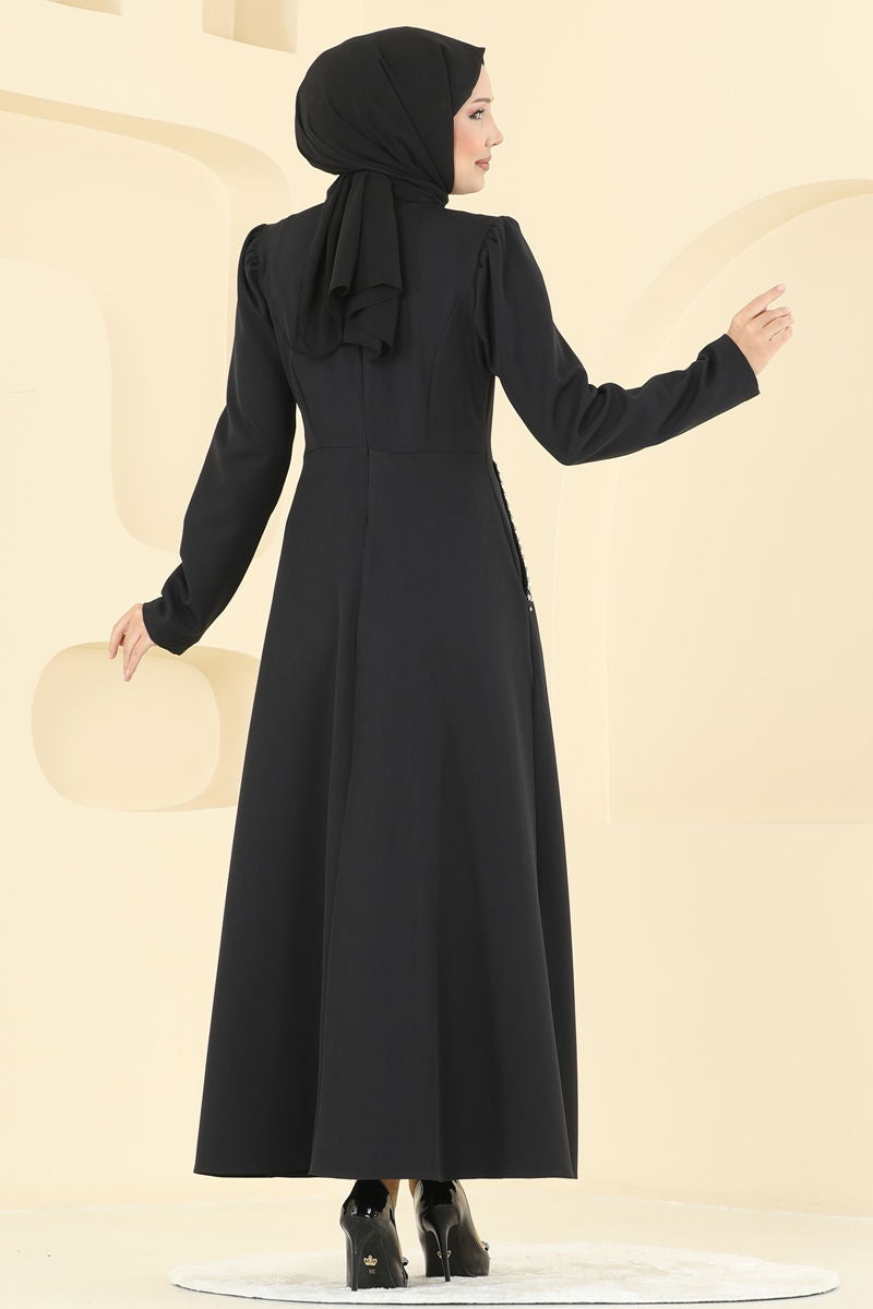 Black Modest Dress - Belted Crepe Stylish Abaya