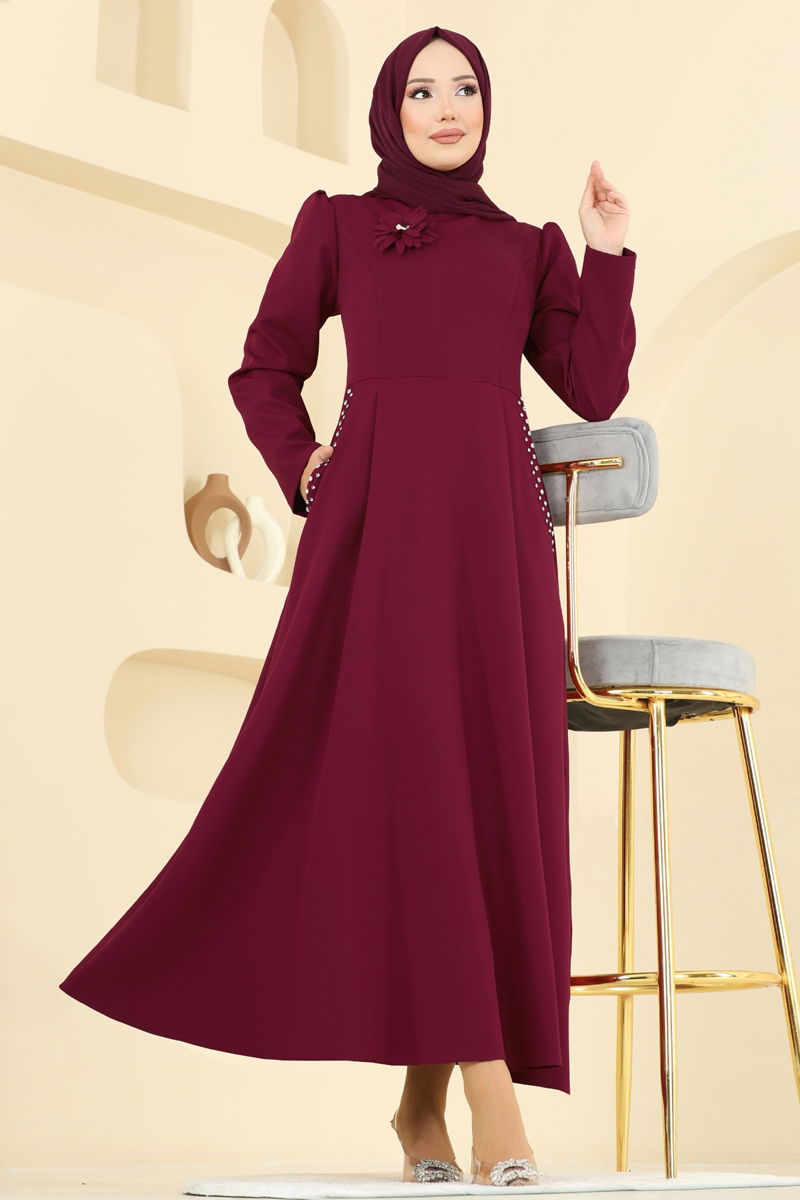 Abaya Burgundy Belted Modest Full-Length Dress