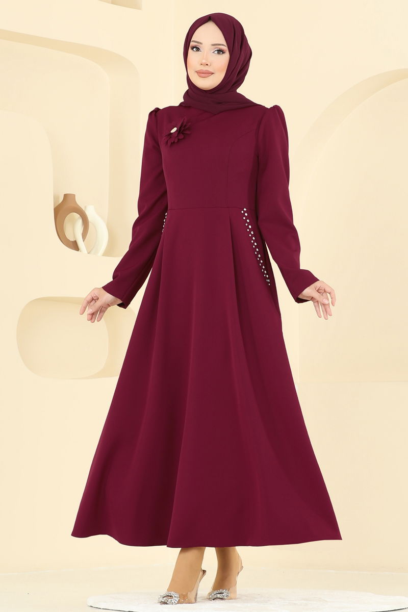 Abaya Burgundy Belted Modest Full-Length Dress