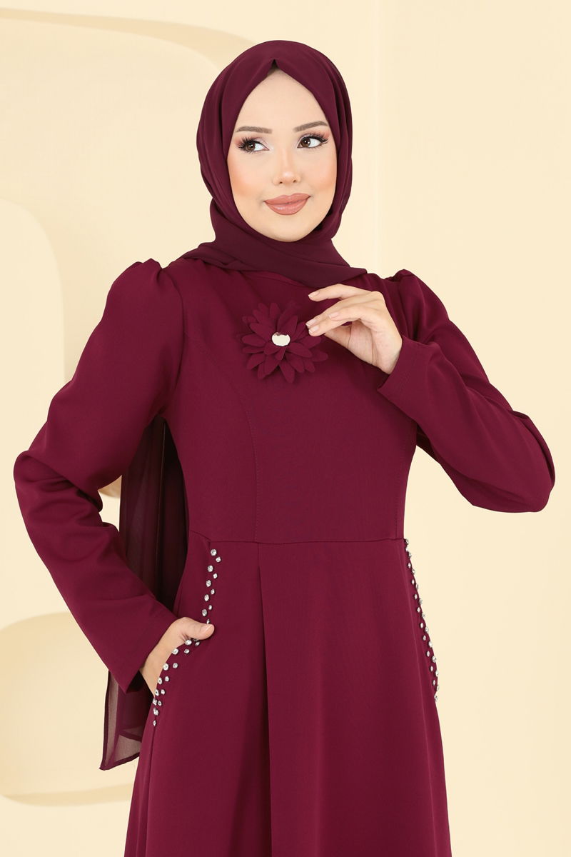 Abaya Burgundy Belted Modest Full-Length Dress