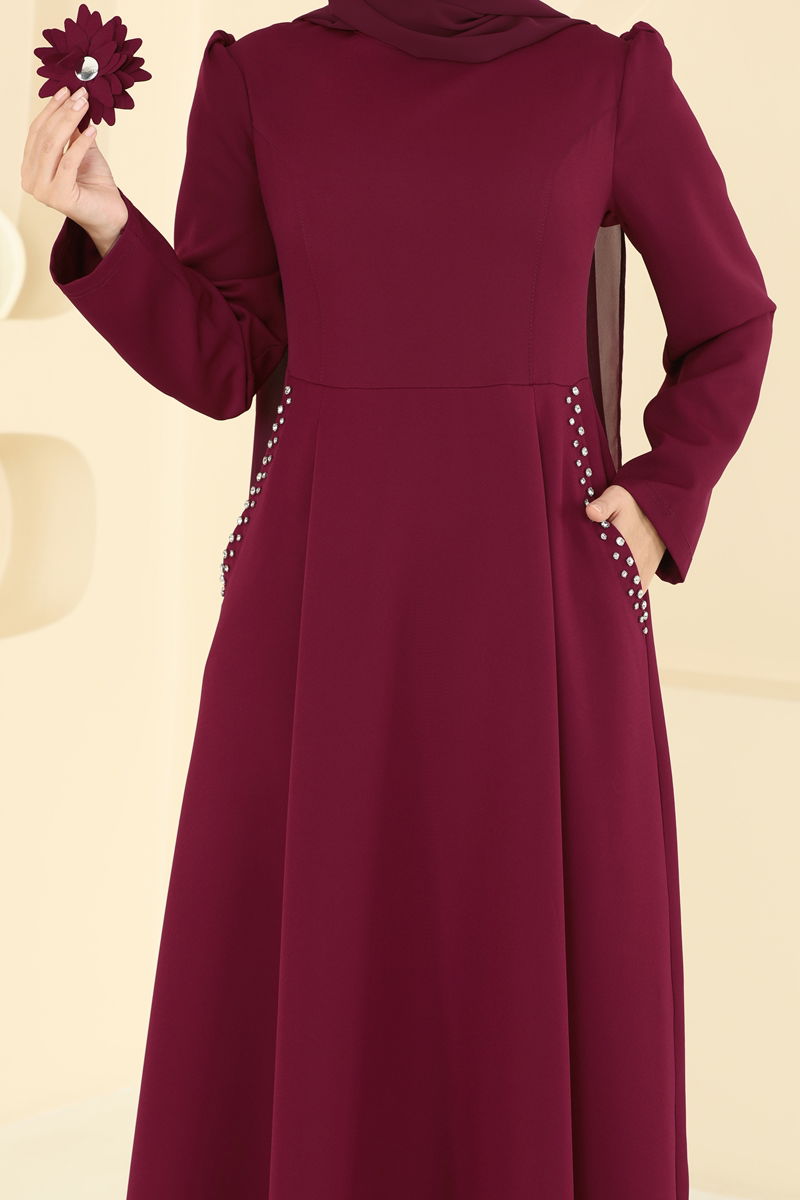 Abaya Burgundy Belted Modest Full-Length Dress