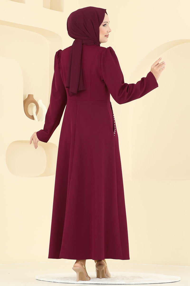 Abaya Burgundy Belted Modest Full-Length Dress