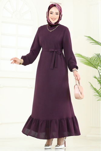 Dress Belted Pleated - Light Damson