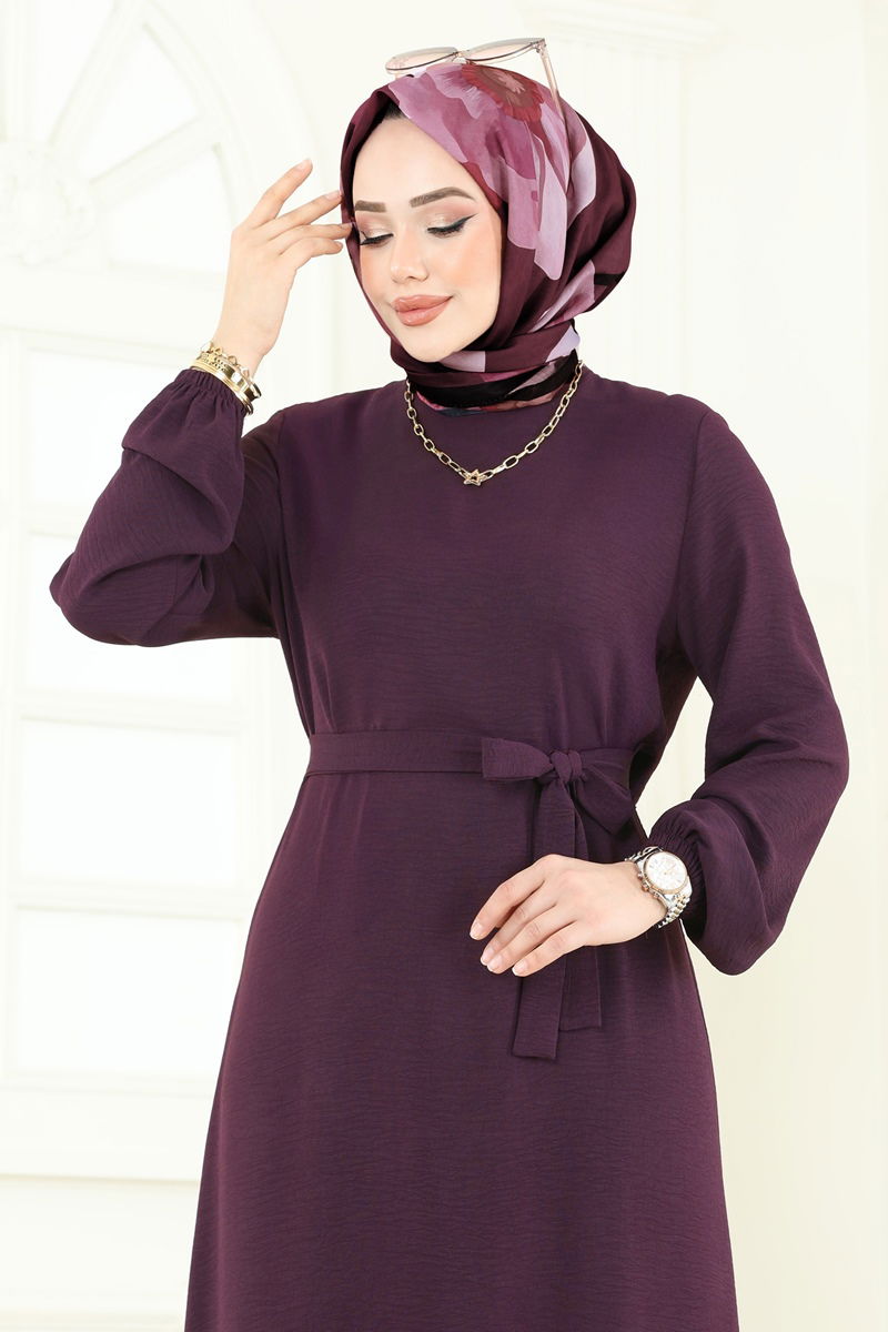 Dress Belted Pleated - Light Damson