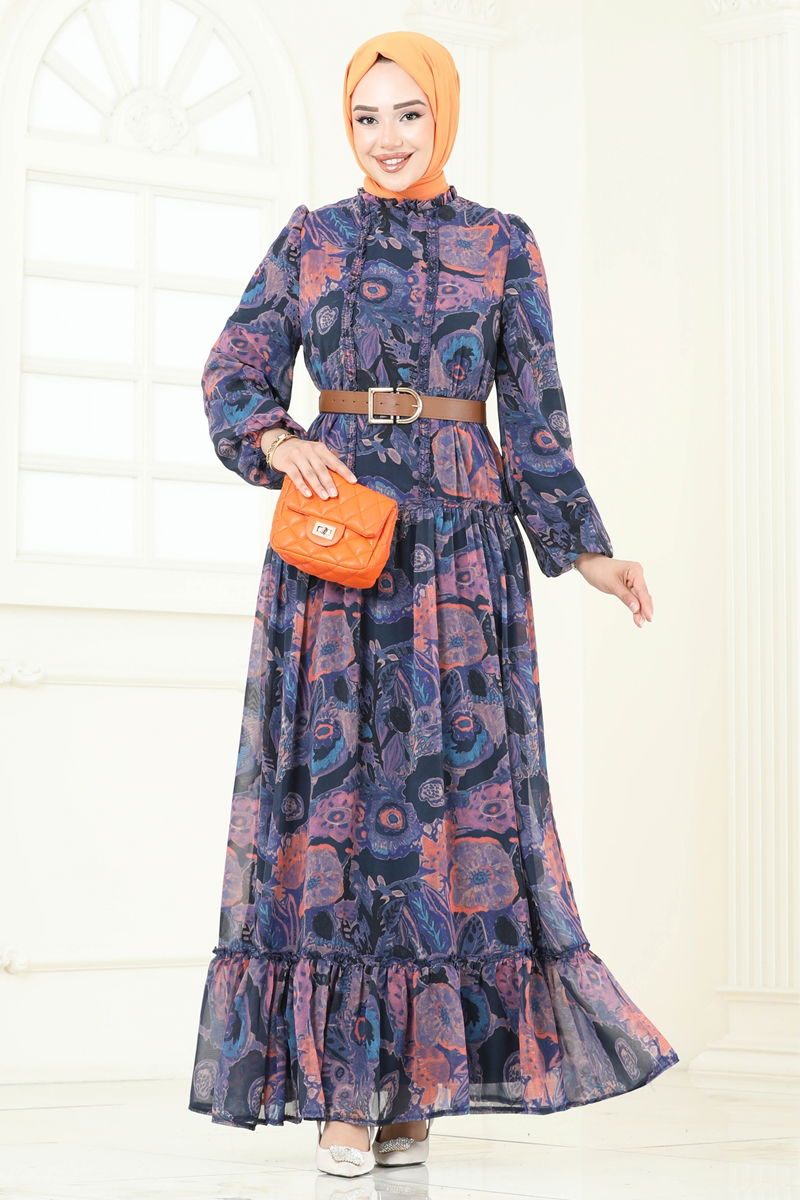 Dress - Orange Chiffon Belted Modest Evening Wear