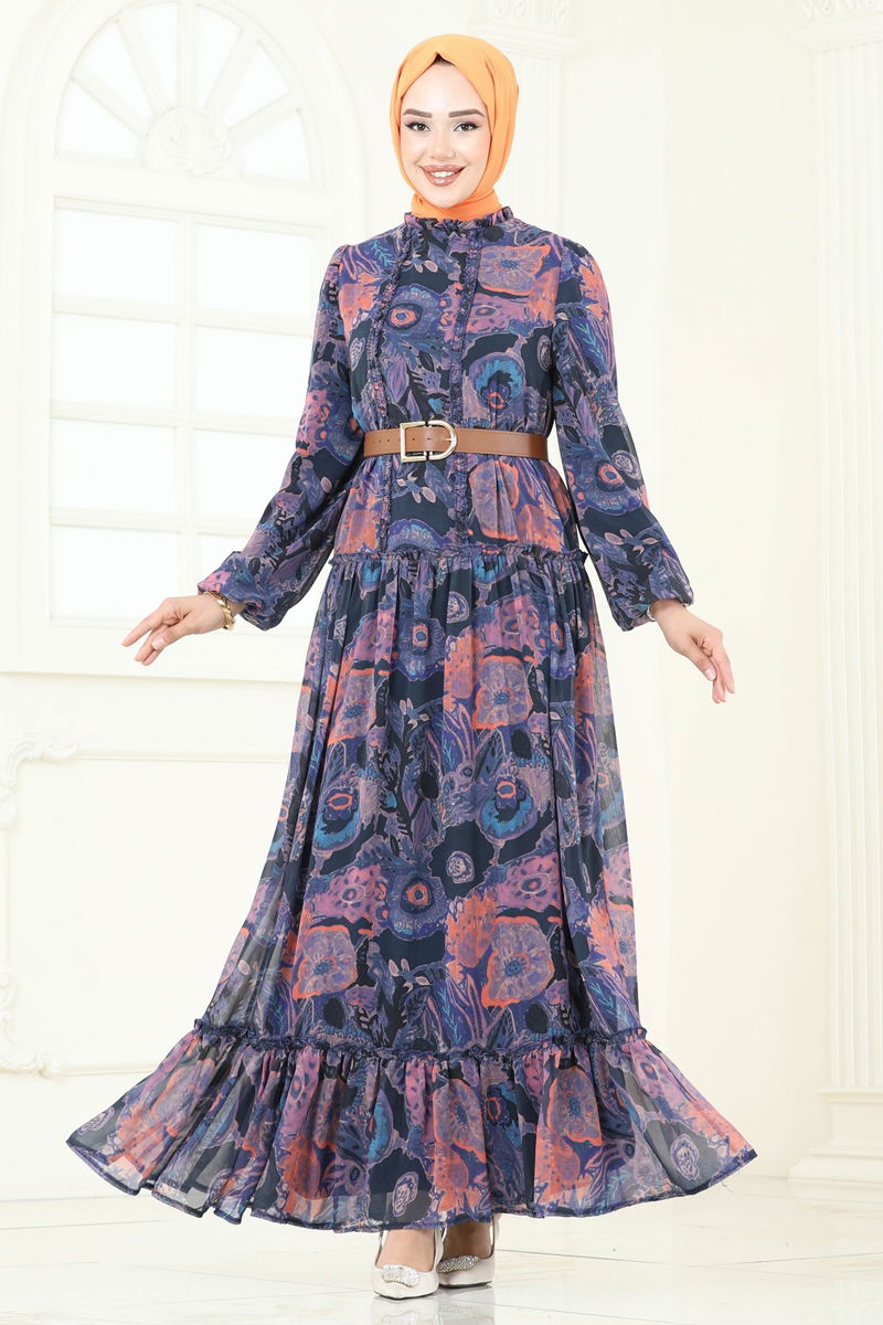 Dress - Orange Chiffon Belted Modest Evening Wear