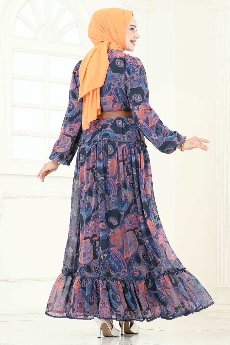 Dress - Orange Chiffon Belted Modest Evening Wear