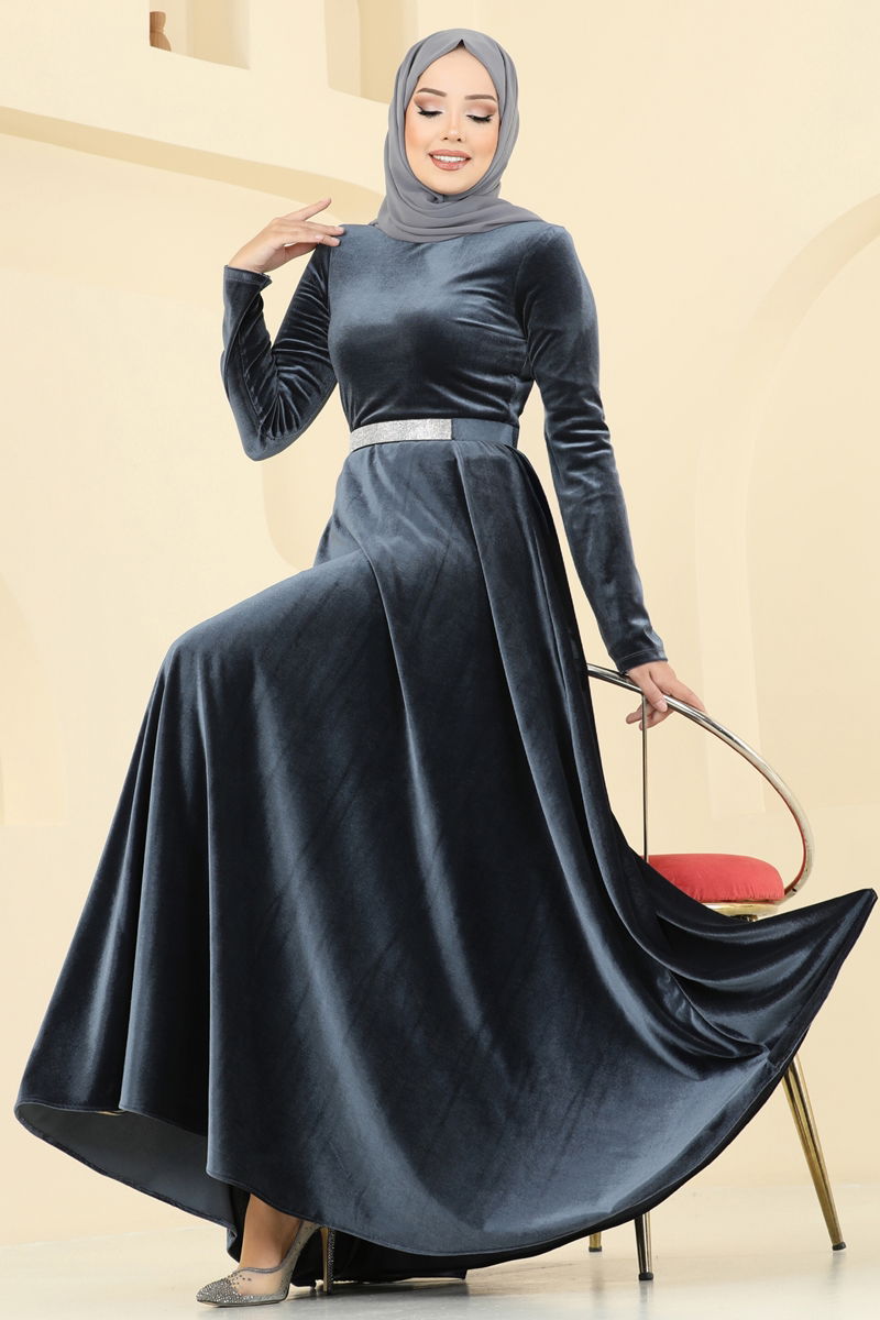 Evening Dress Anthracite Belted Modest Fashion