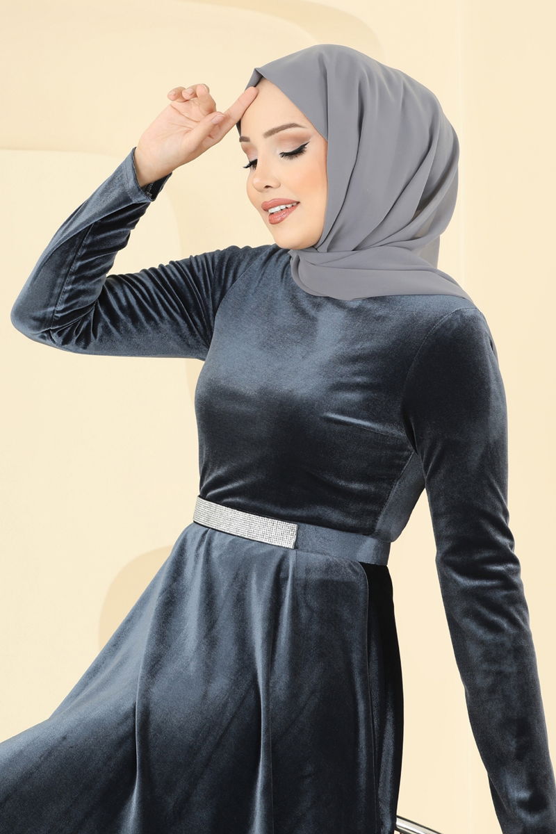 Evening Dress Anthracite Belted Modest Fashion