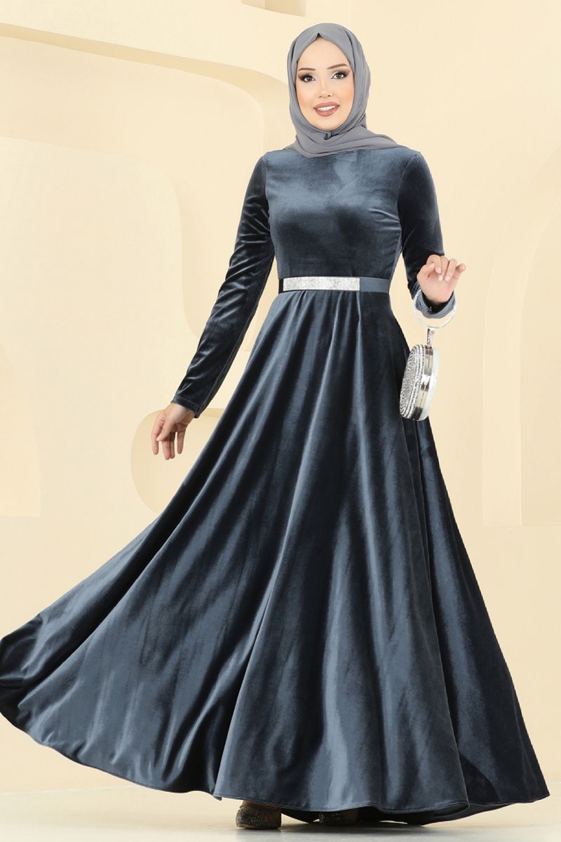 Evening Dress Anthracite Belted Modest Fashion