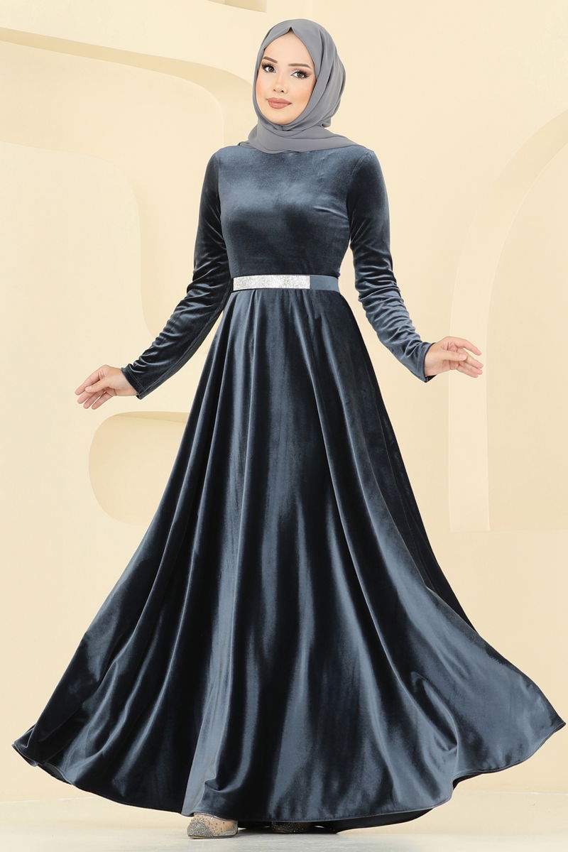 Evening Dress Anthracite Belted Modest Fashion