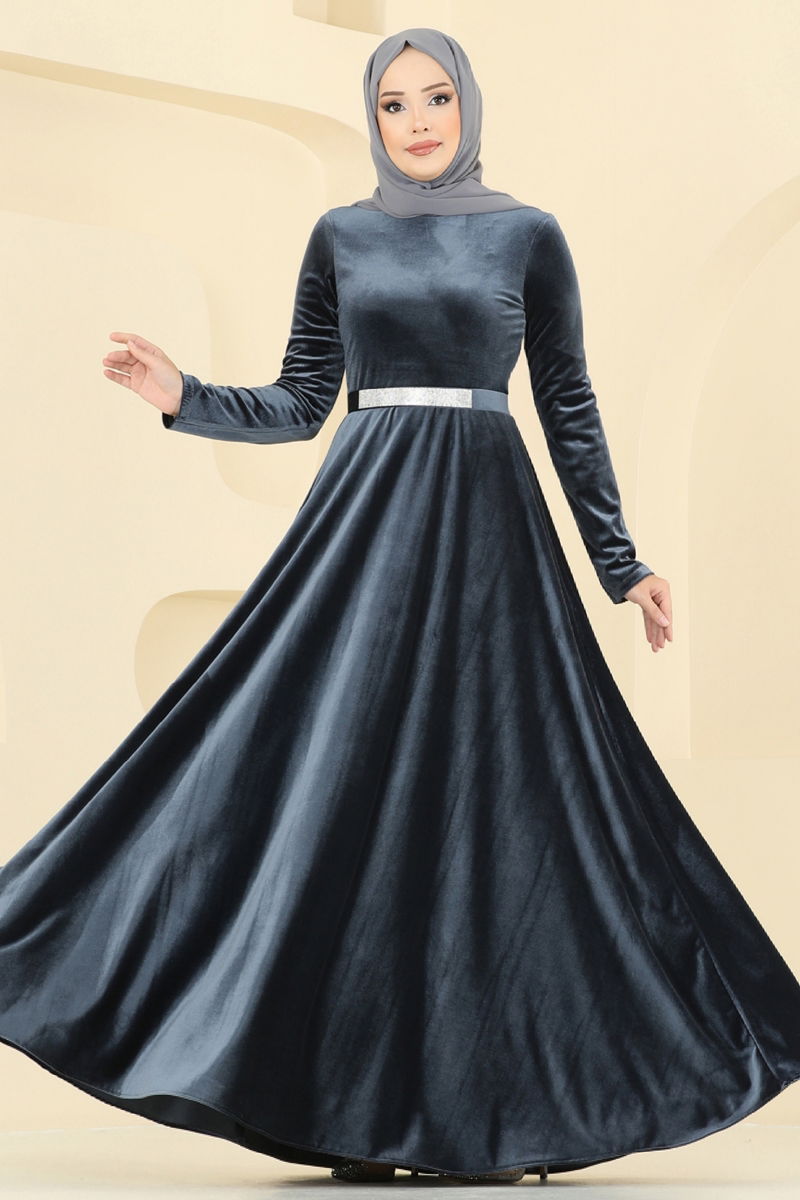 Evening Dress Anthracite Belted Modest Fashion