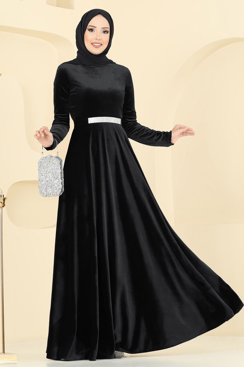 Evening Dress Black Modest Taffeta Gown with Ruffle Detail