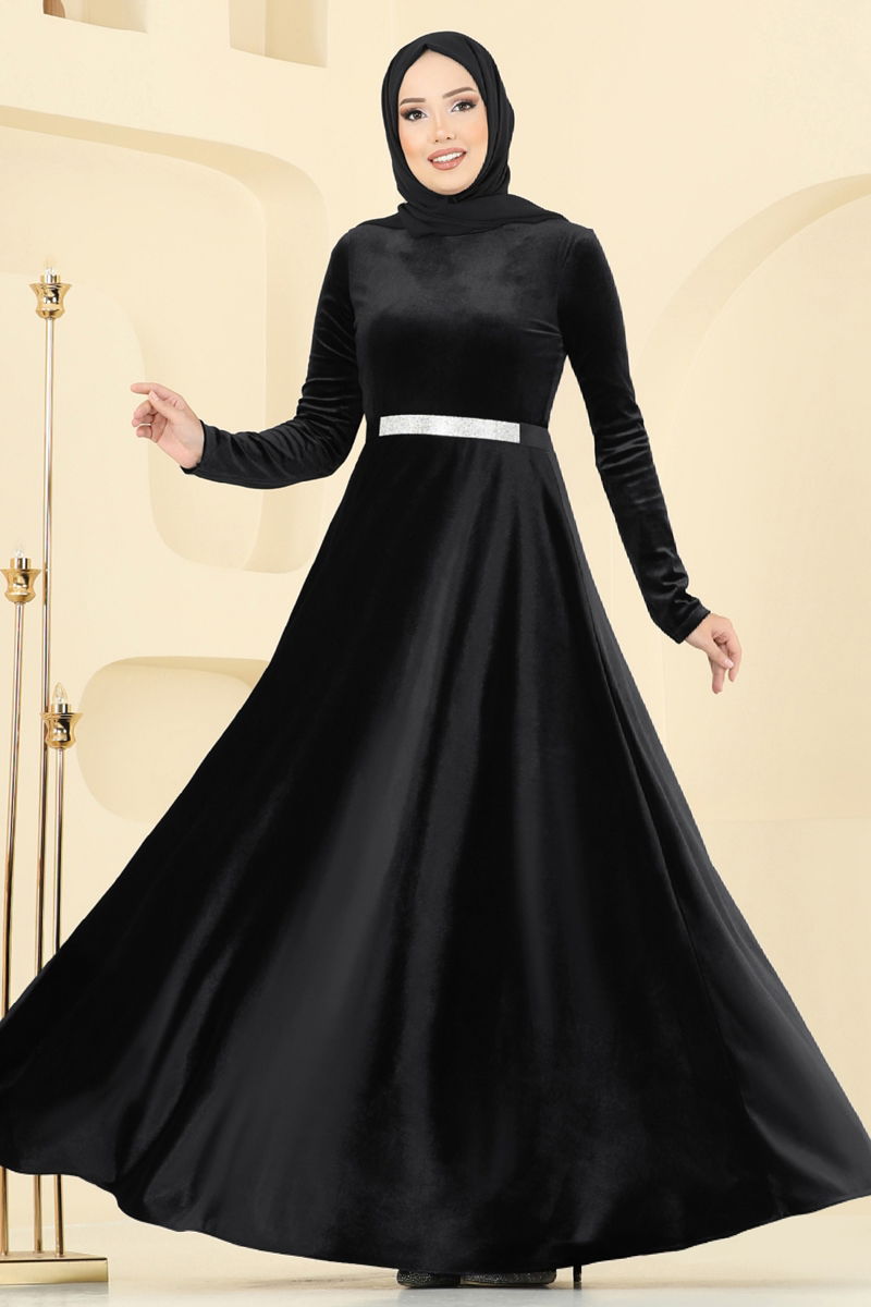 Evening Dress Black Modest Taffeta Gown with Ruffle Detail