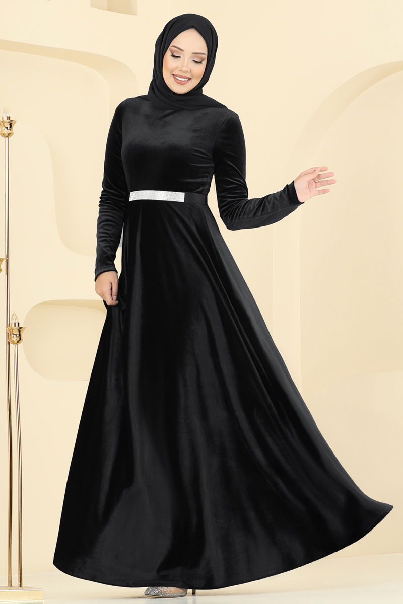 Evening Dress Black Modest Taffeta Gown with Ruffle Detail