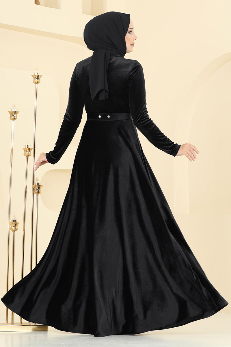 Evening Dress Black Modest Taffeta Gown with Ruffle Detail