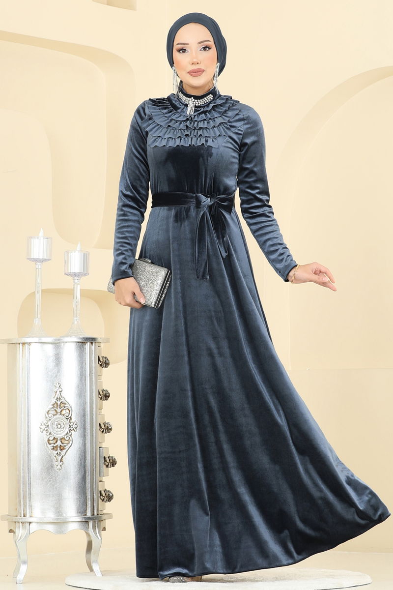Evening Dress Anthracite Belted Modest Gown