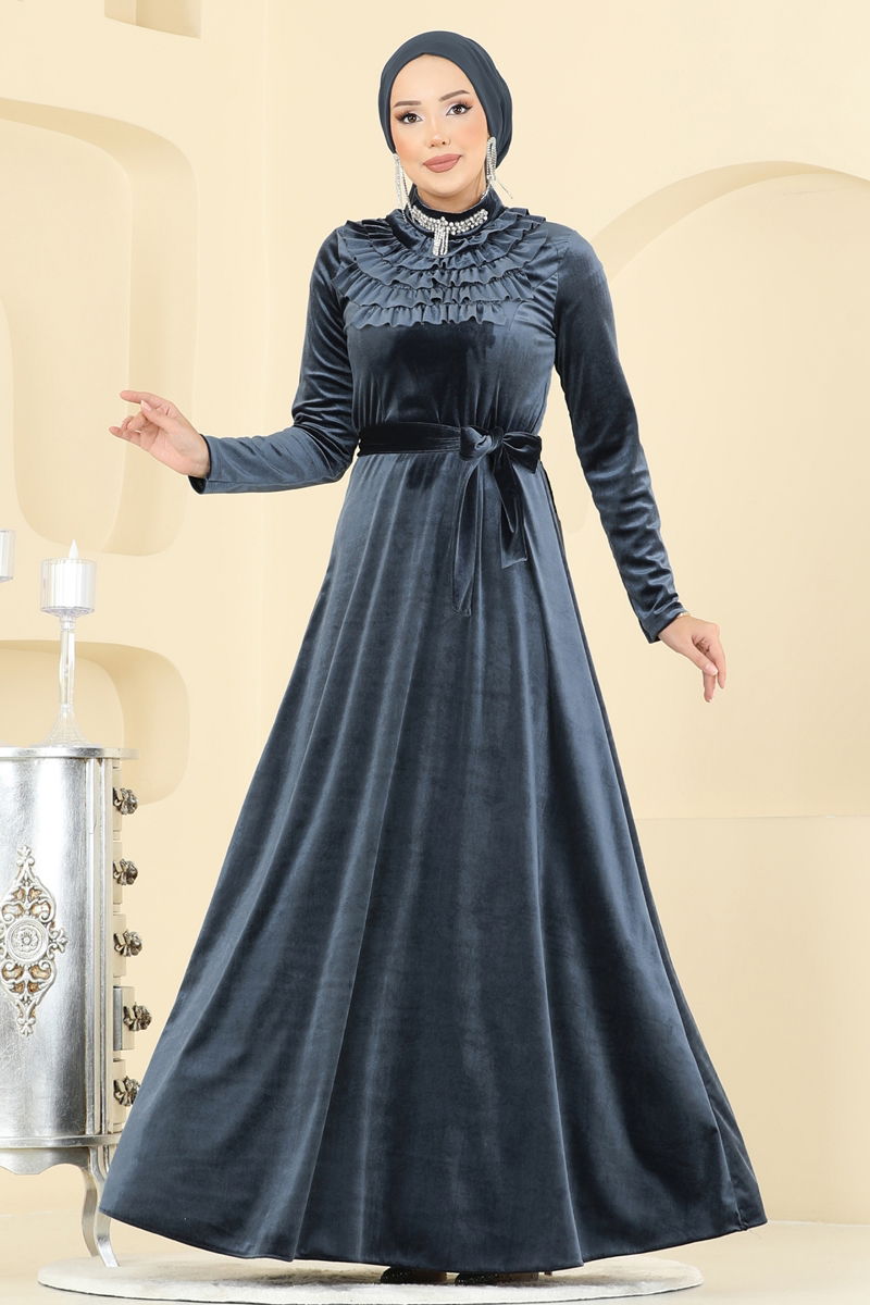 Evening Dress Anthracite Belted Modest Gown