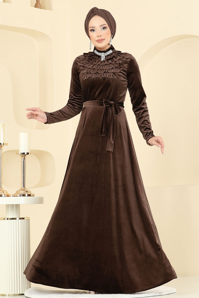 Evening Dress Brown Belted Modest Fashion