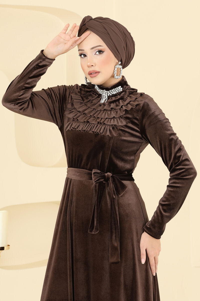 Evening Dress Brown Belted Modest Fashion