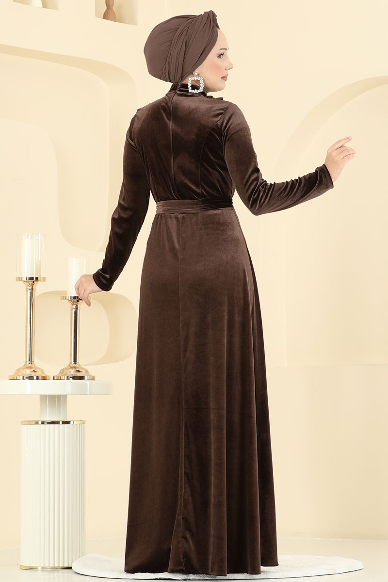 Evening Dress Brown Belted Modest Fashion
