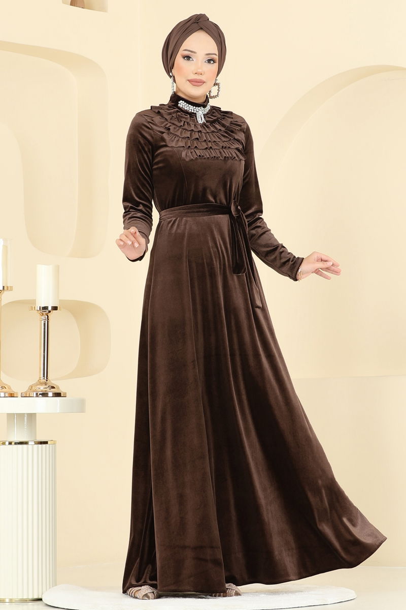 Evening Dress Brown Belted Modest Fashion
