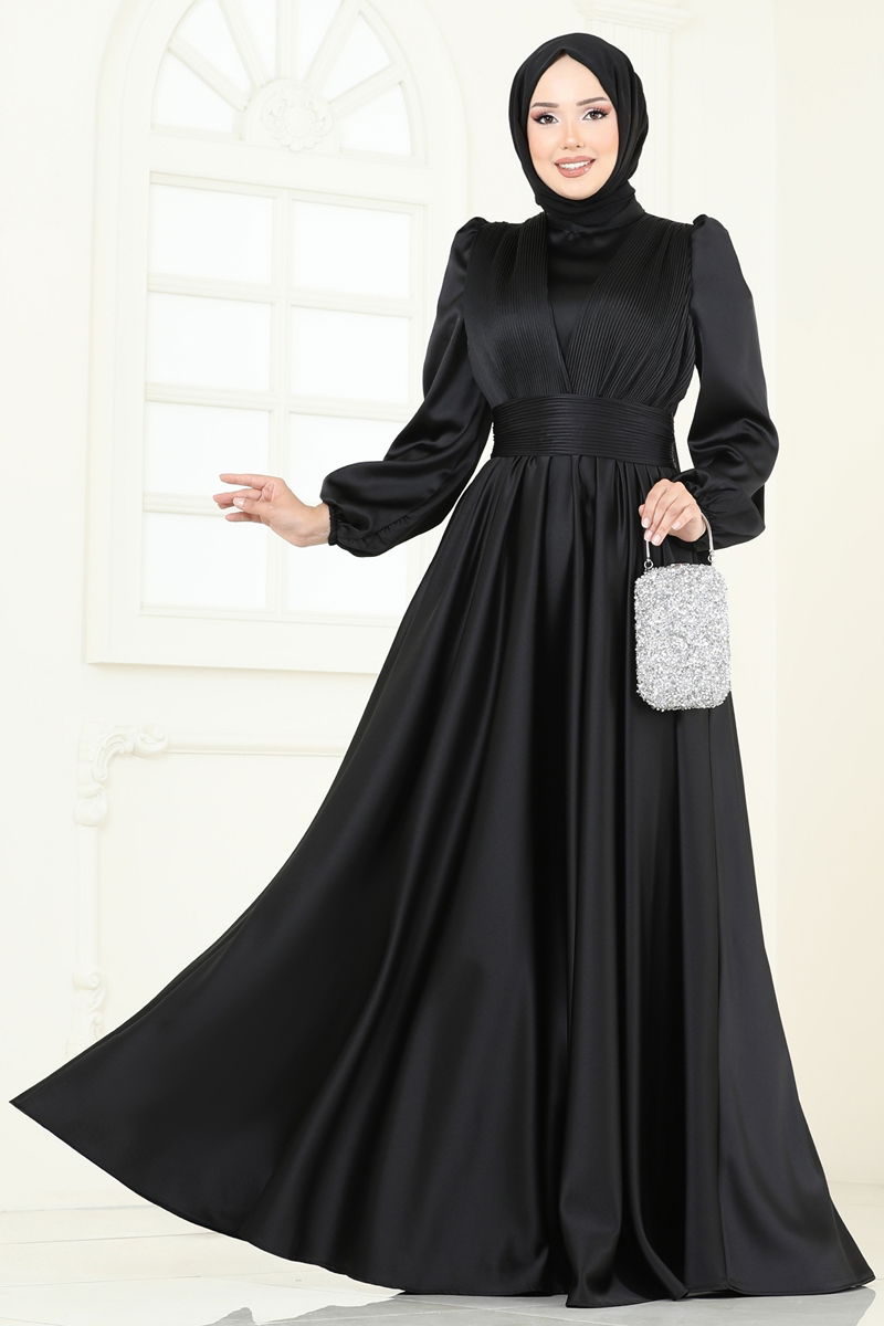 Black Patterned Modest Evening Dress 2382ANT466